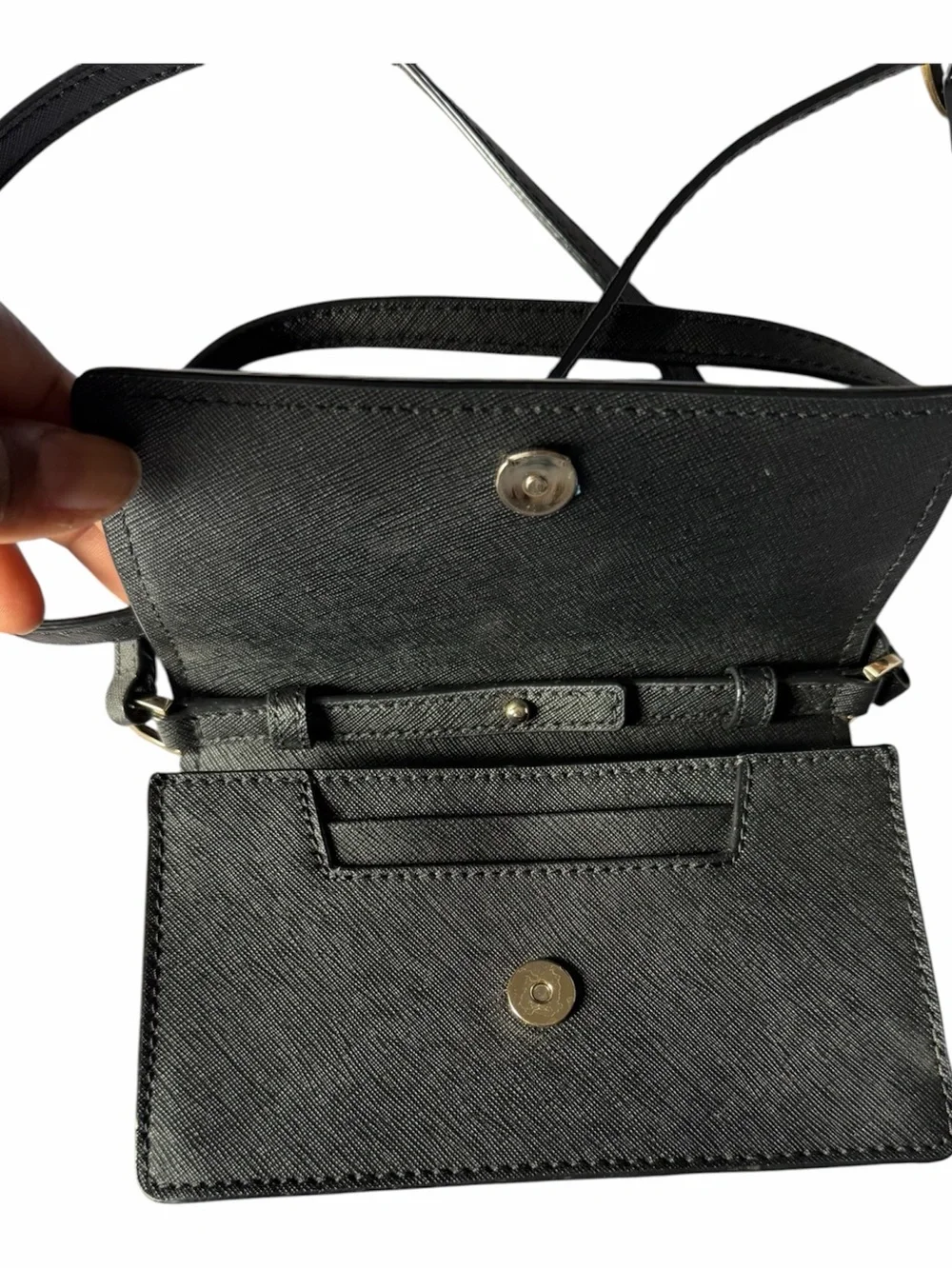 kate spade Black Saffiano Crossbody Wallet with Gold Logo